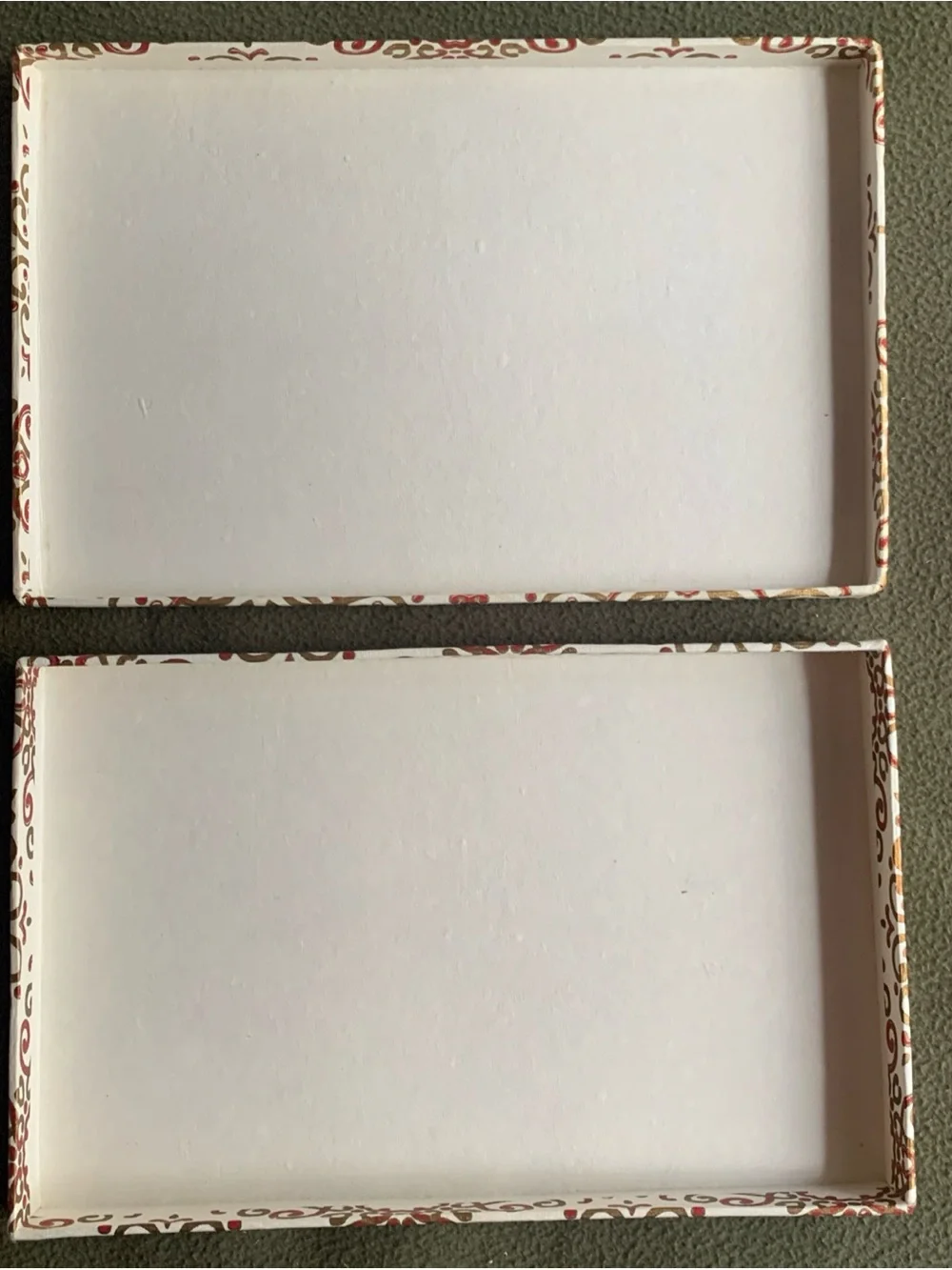 Decorative gift boxes and bag. 4 boxes, 1 bag. Red, gold, cream.